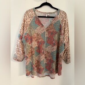 Cato Pink and Green Boxy 3/4 Sleeve Blouse